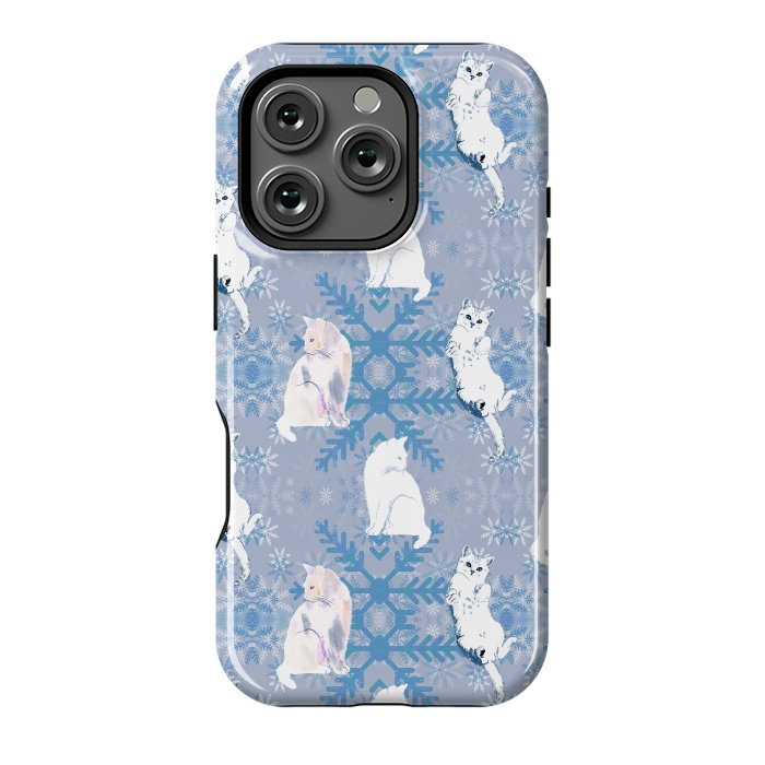 iPhone 16 Pro StrongFit Cute white cats and blue Christmas snowflakes by Oana 