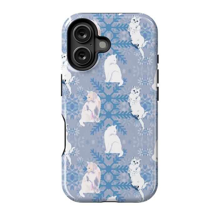 iPhone 16 StrongFit Cute white cats and blue Christmas snowflakes by Oana 