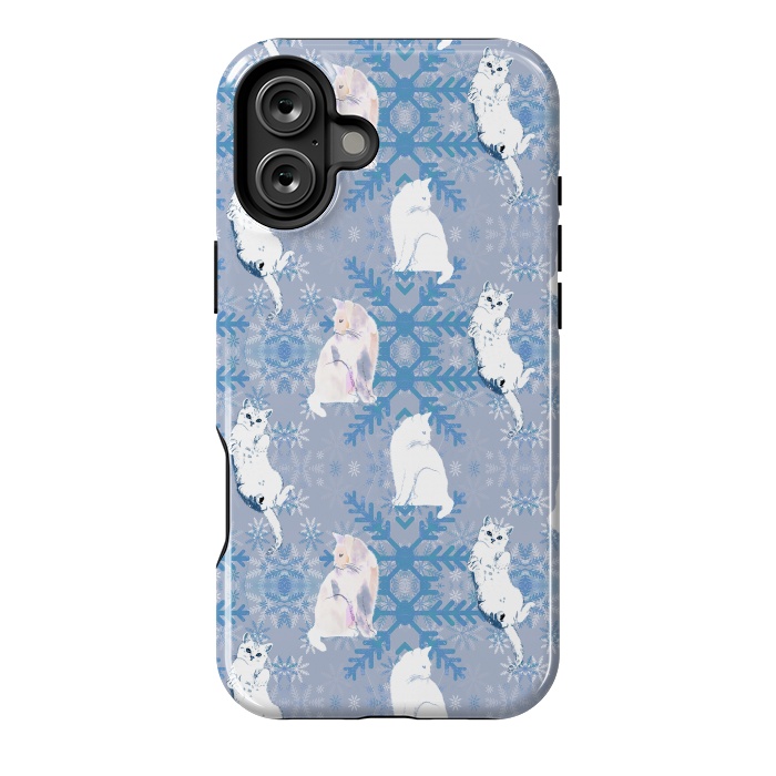 iPhone 16 Plus StrongFit Cute white cats and blue Christmas snowflakes by Oana 