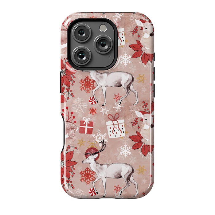 iPhone 16 Pro StrongFit Deers and Christmas ornaments red pink by Oana 