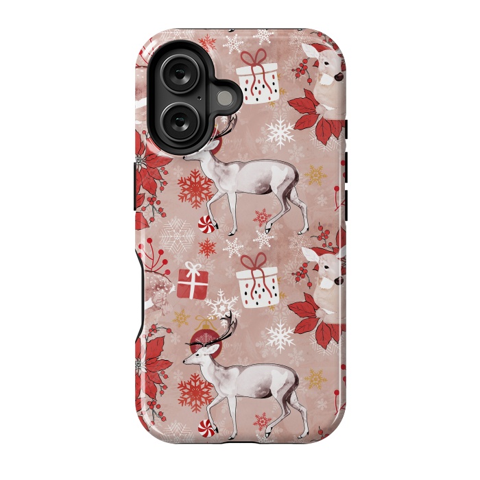 iPhone 16 StrongFit Deers and Christmas ornaments red pink by Oana 