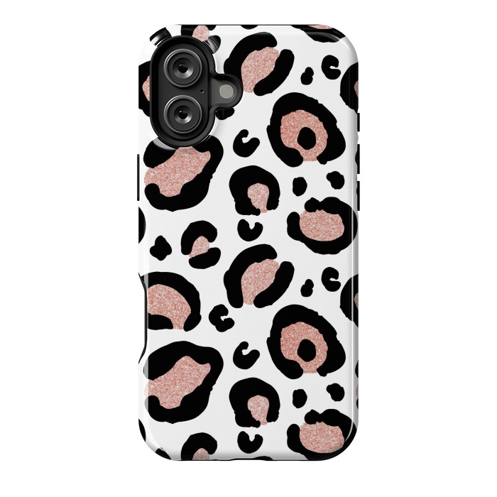 iPhone 16 Plus StrongFit Rose Gold Glitter Leopard Print by Julie Erin Designs