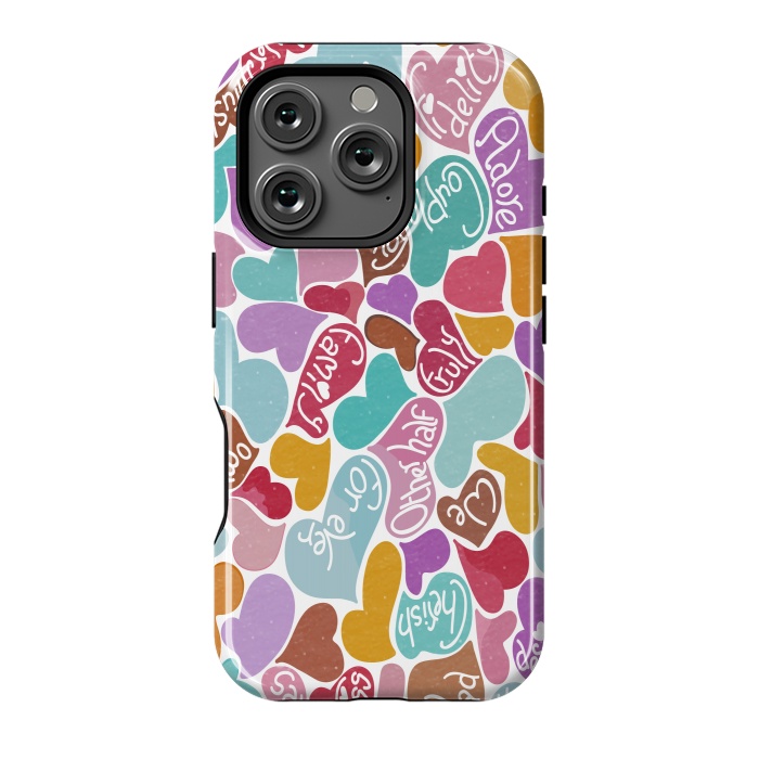 iPhone 16 Pro StrongFit Multicolored Love hearts with loving words by Paula Ohreen