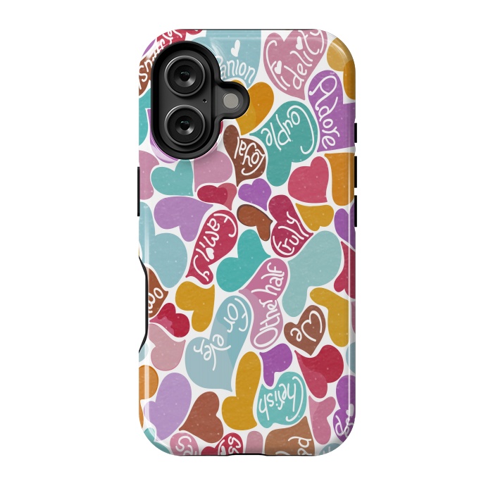 iPhone 16 StrongFit Multicolored Love hearts with loving words by Paula Ohreen