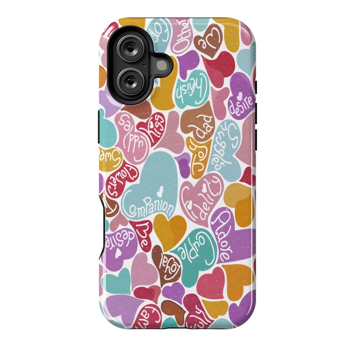 iPhone 16 Plus StrongFit Multicolored Love hearts with loving words by Paula Ohreen