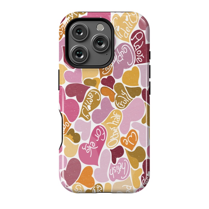 iPhone 16 Pro StrongFit Love hearts with loving words in pink and orange by Paula Ohreen