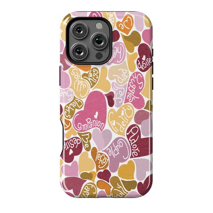 iPhone 16 Pro Max StrongFit Love hearts with loving words in pink and orange by Paula Ohreen