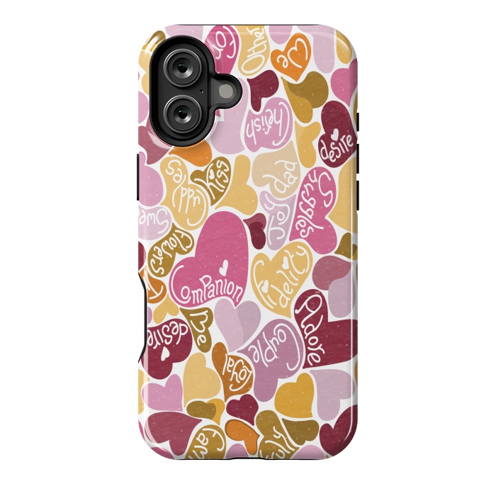 iPhone 16 Plus StrongFit Love hearts with loving words in pink and orange by Paula Ohreen