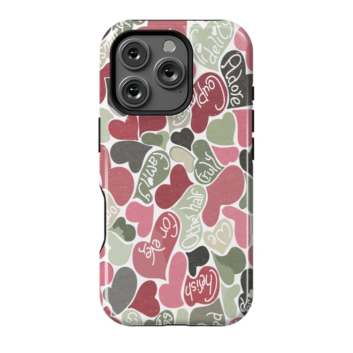 iPhone 16 Pro StrongFit Love hearts with loving words in pink and green by Paula Ohreen