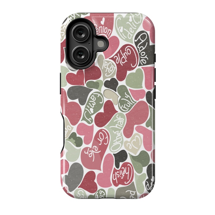 iPhone 16 StrongFit Love hearts with loving words in pink and green by Paula Ohreen