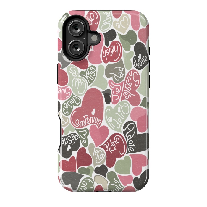 iPhone 16 Plus StrongFit Love hearts with loving words in pink and green by Paula Ohreen