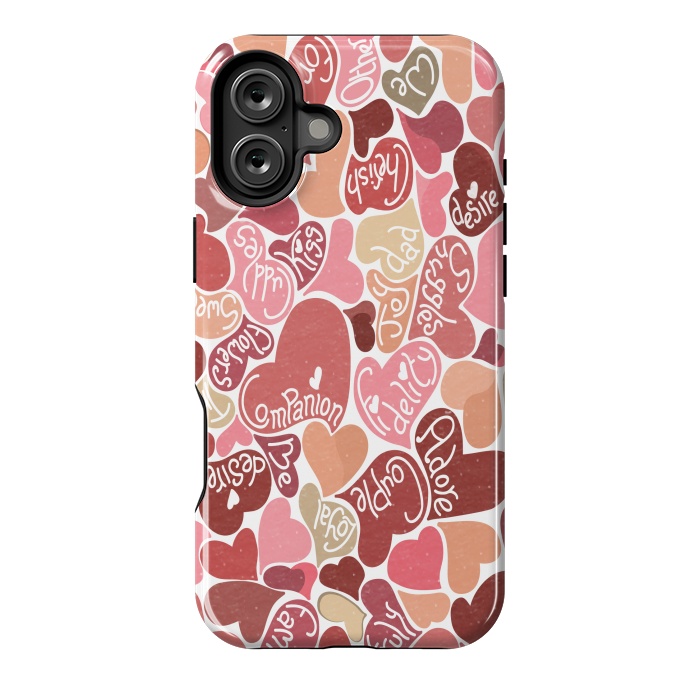 iPhone 16 Plus StrongFit Love hearts with loving words in red and beige by Paula Ohreen