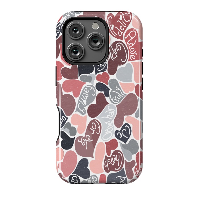 iPhone 16 Pro StrongFit Love hearts with loving words in pink and grey by Paula Ohreen