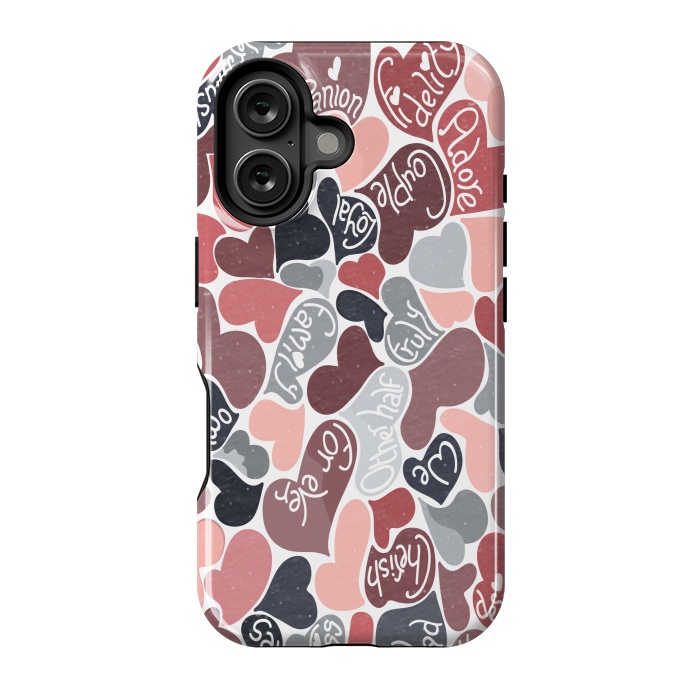 iPhone 16 StrongFit Love hearts with loving words in pink and grey by Paula Ohreen