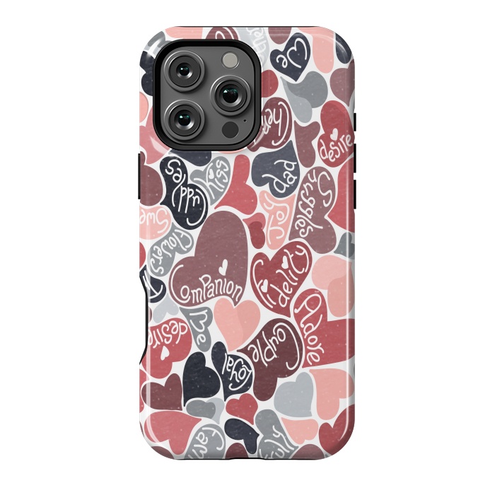 iPhone 16 Pro Max StrongFit Love hearts with loving words in pink and grey by Paula Ohreen