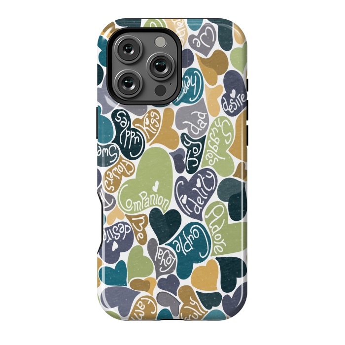 iPhone 16 Pro Max StrongFit Love hearts with loving words in blue and green by Paula Ohreen