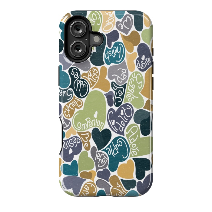 iPhone 16 Plus StrongFit Love hearts with loving words in blue and green by Paula Ohreen