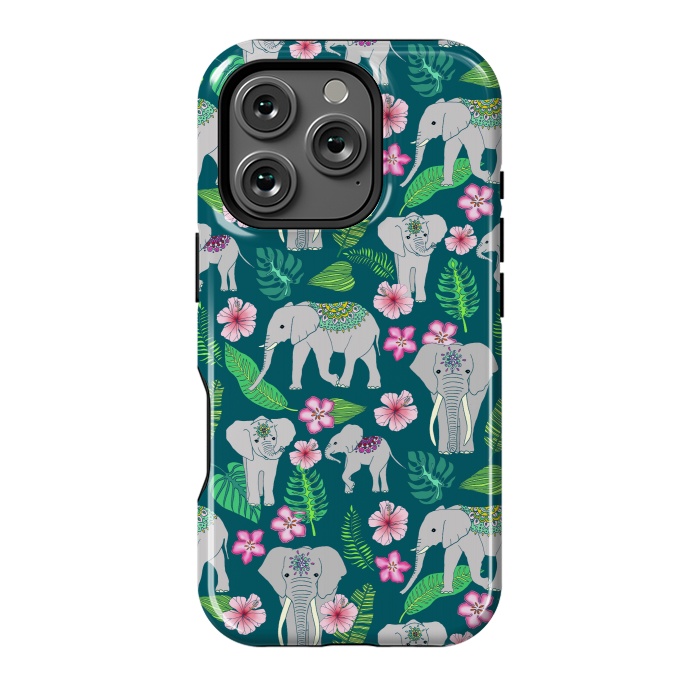 iPhone 16 Pro StrongFit Elephants of the Jungle on Green by Tangerine-Tane