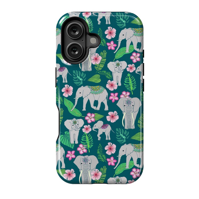 iPhone 16 StrongFit Elephants of the Jungle on Green by Tangerine-Tane