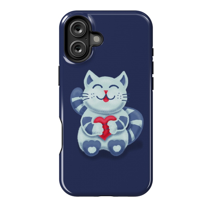 iPhone 16 Plus StrongFit Cute Blue Kitty With Heart In Love by Boriana Giormova