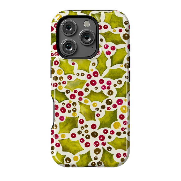 iPhone 16 Pro StrongFit Watercolour Christmas Holly and Berries Pattern by Paula Ohreen