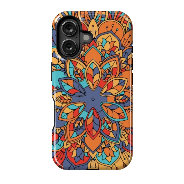 iPhone 16 StrongFit BLUE ORANGE RED MANDALA ETHNIC PATTERN by MALLIKA