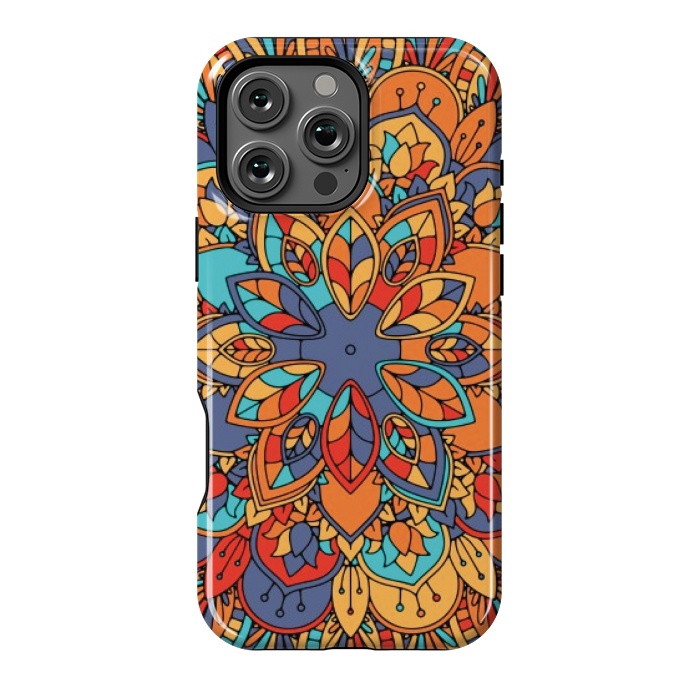 iPhone 16 Pro Max StrongFit BLUE ORANGE RED MANDALA ETHNIC PATTERN by MALLIKA