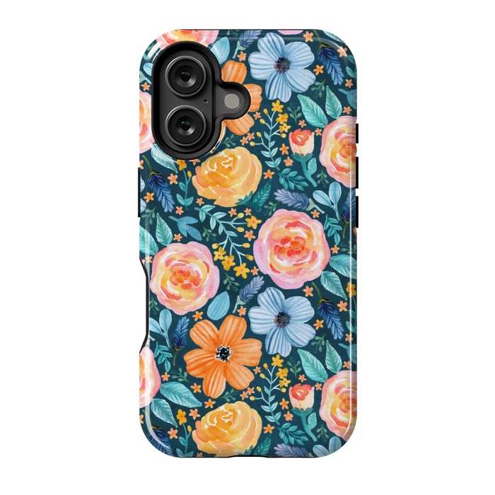 iPhone 16 StrongFit Bold Blooms on Dark Teal by Tangerine-Tane