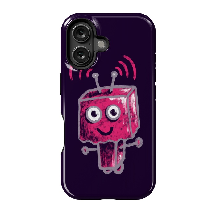 iPhone 16 StrongFit Cute Pink Robot With Paper Bag Head Kids by Boriana Giormova