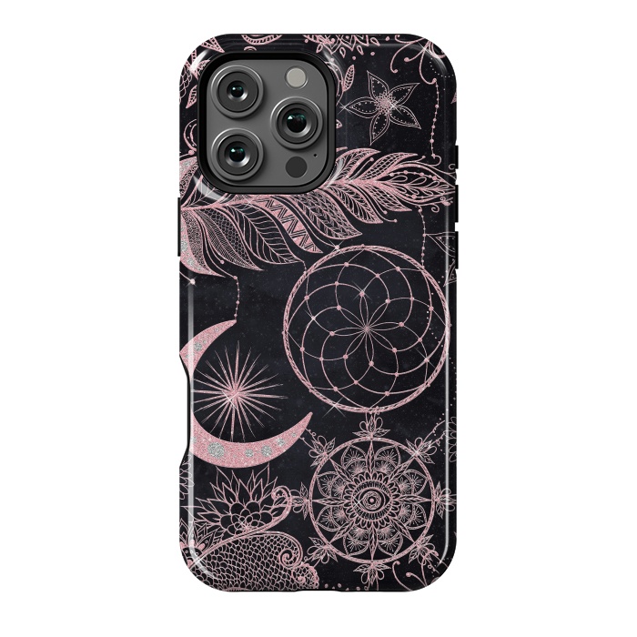 iPhone 16 Pro Max StrongFit Rose Gold Glitter Dreamcatcher Feathers Mandala by InovArts