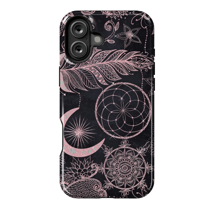 iPhone 16 Plus StrongFit Rose Gold Glitter Dreamcatcher Feathers Mandala by InovArts