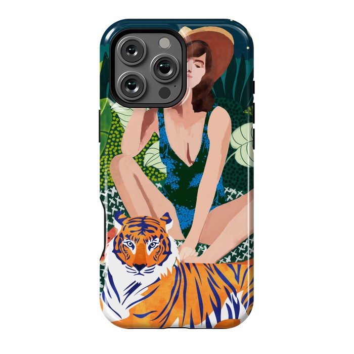 iPhone 16 Pro Max StrongFit Living In The Jungle, Tiger Tropical Picnic Illustration, Forest Woman Bohemian Travel Camp Wild by Uma Prabhakar Gokhale