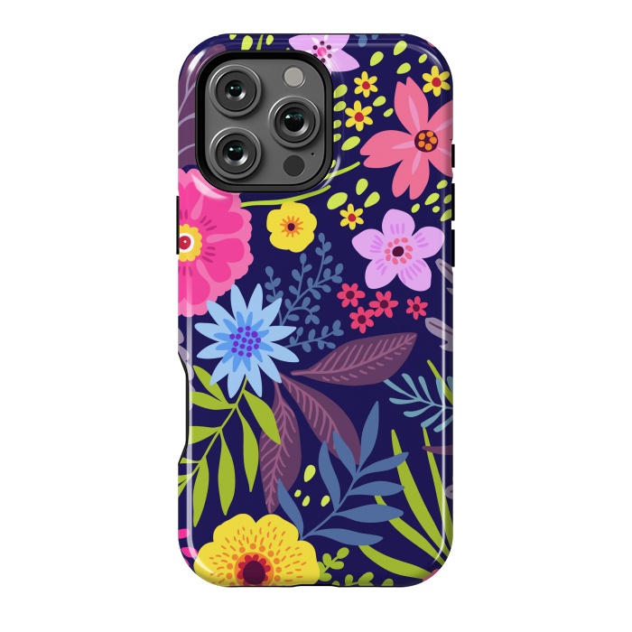 iPhone 16 Pro Max StrongFit Amazing seamless floral pattern with bright colorful flowers and leaves on a dark blue background by ArtsCase