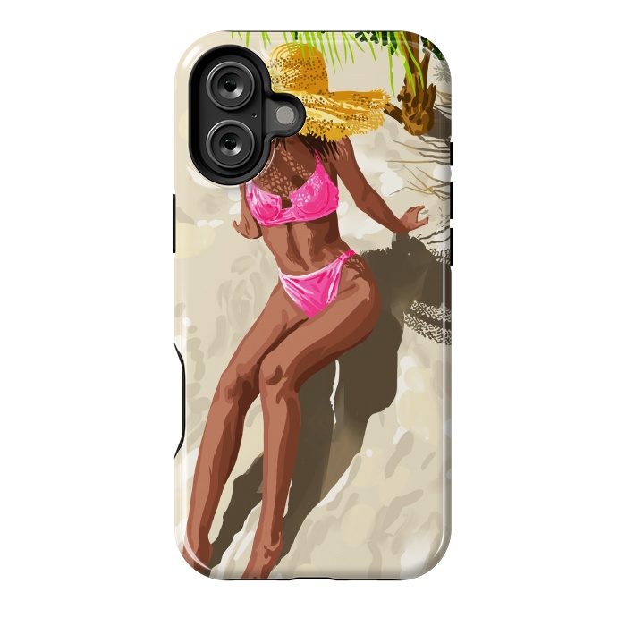 iPhone 16 Plus StrongFit Sky above, sand below, peace within poster, Woman of color fashion black woman on the bikini beach by Uma Prabhakar Gokhale