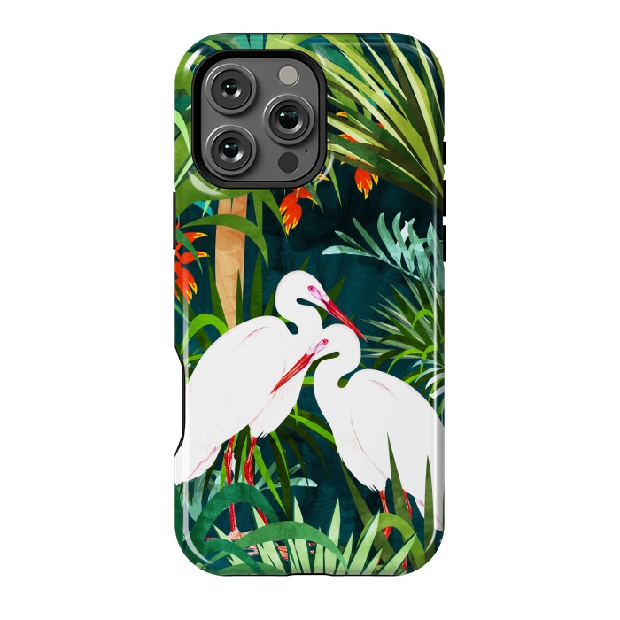 iPhone 16 Pro Max StrongFit To Me, You're Perfect, Tropical Jungle Heron Watercolor Vibrant Painting, Stork Birds Wildlife Love by Uma Prabhakar Gokhale