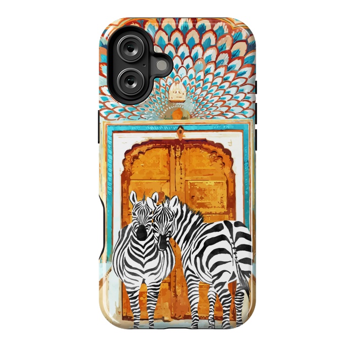 iPhone 16 Plus StrongFit Take Your Stripes Wherever You Go Painting, Zebra Wildlife Architecture, Indian Palace Door Painting by Uma Prabhakar Gokhale