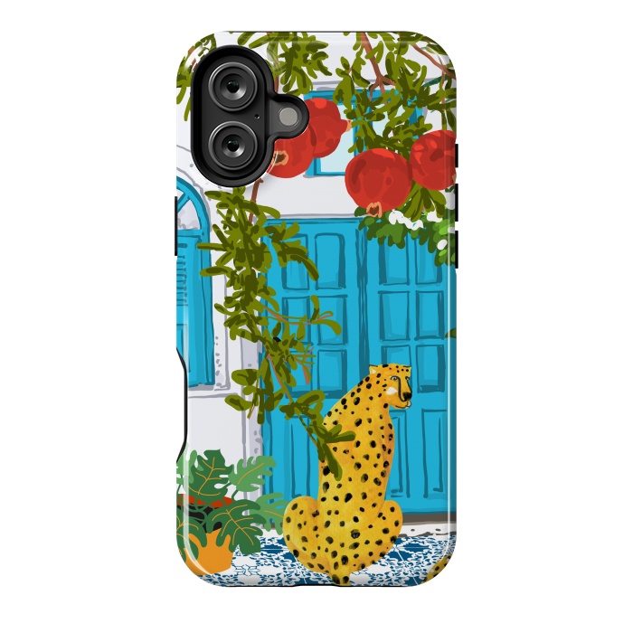 iPhone 16 Plus StrongFit Cheetah Home, Morocco Architecture Illustration, Greece Cats Tropical Urban Jungle Pomegranate by Uma Prabhakar Gokhale