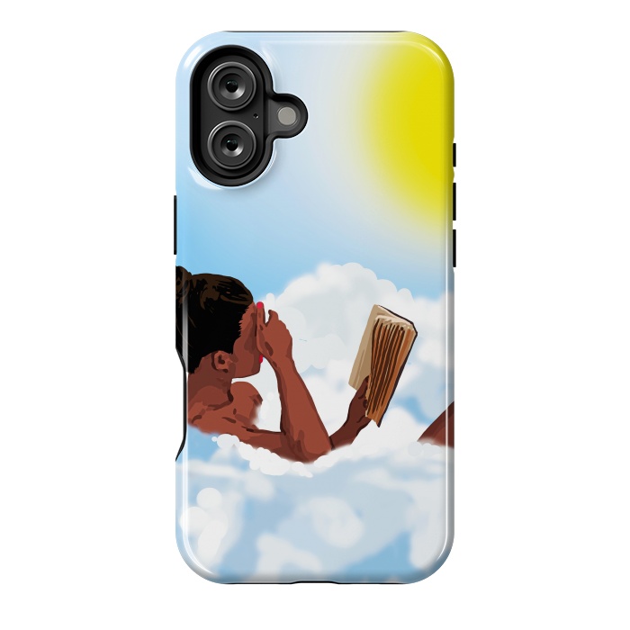 iPhone 16 Plus StrongFit Reading on Clouds, Black Woman Summer Sunny Day Book Painting, Bohemian Nude by Uma Prabhakar Gokhale