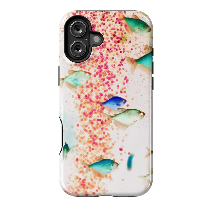 iPhone 16 Plus StrongFit Something Fishy, Pink Bubbles & Blue Green Fish Graphic Design Digital Eclectic Surrealism by Uma Prabhakar Gokhale