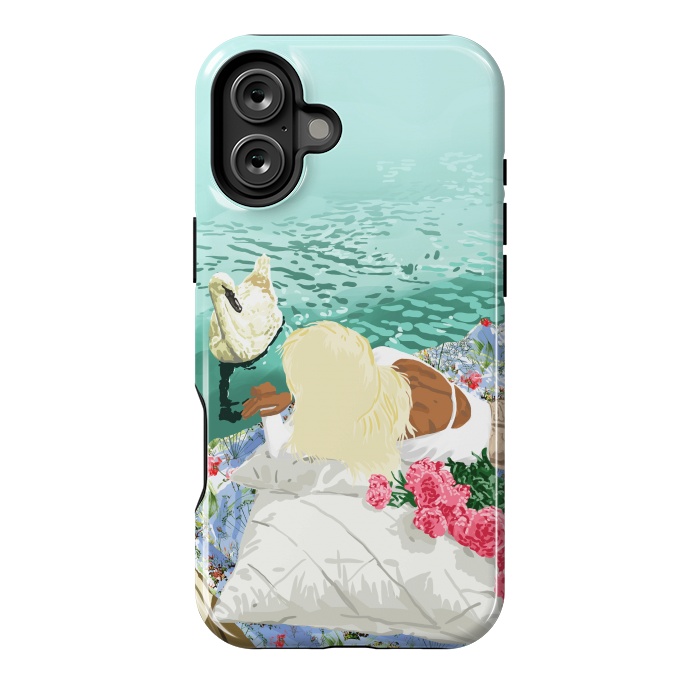 iPhone 16 Plus StrongFit Heart Upon My Sleeve, Valentine's Day Love Bohemian Black Woman Pond Jungle Ducks Wildlife Painting by Uma Prabhakar Gokhale