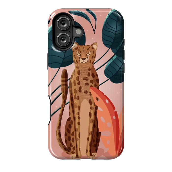 iPhone 16 Plus StrongFit Cheetah and palm leaves by Jelena Obradovic