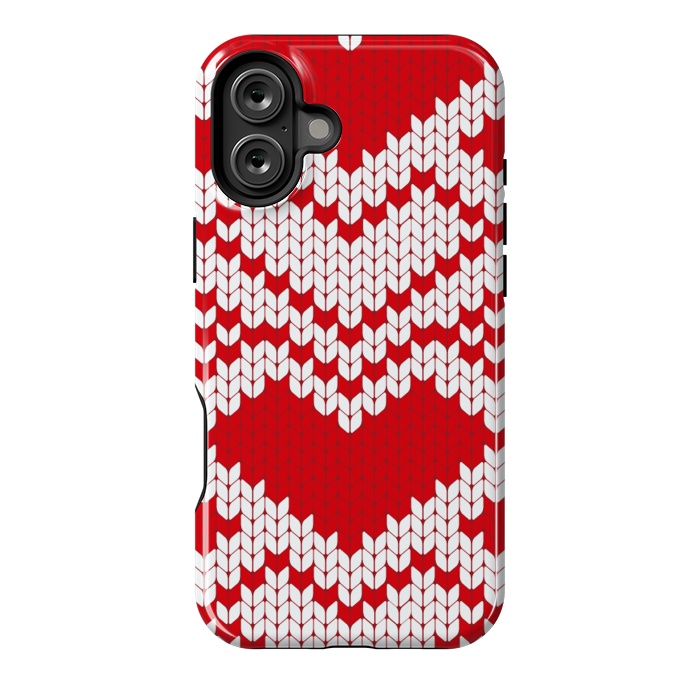 iPhone 16 Plus StrongFit Red white knitted heart pattern by haroulita