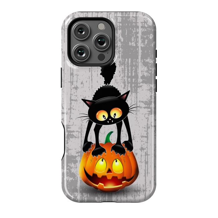 iPhone 16 Pro Max StrongFit Cat Fun Halloween Character Cartoon scratching a Halloween Pumpkin by BluedarkArt