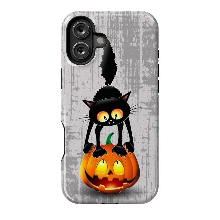 iPhone 16 Plus StrongFit Cat Fun Halloween Character Cartoon scratching a Halloween Pumpkin by BluedarkArt