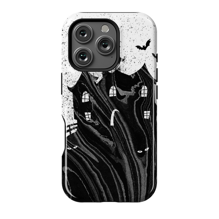 iPhone 16 Pro StrongFit Halloween haunted house - black and white splatter and brushstrokes by Oana 