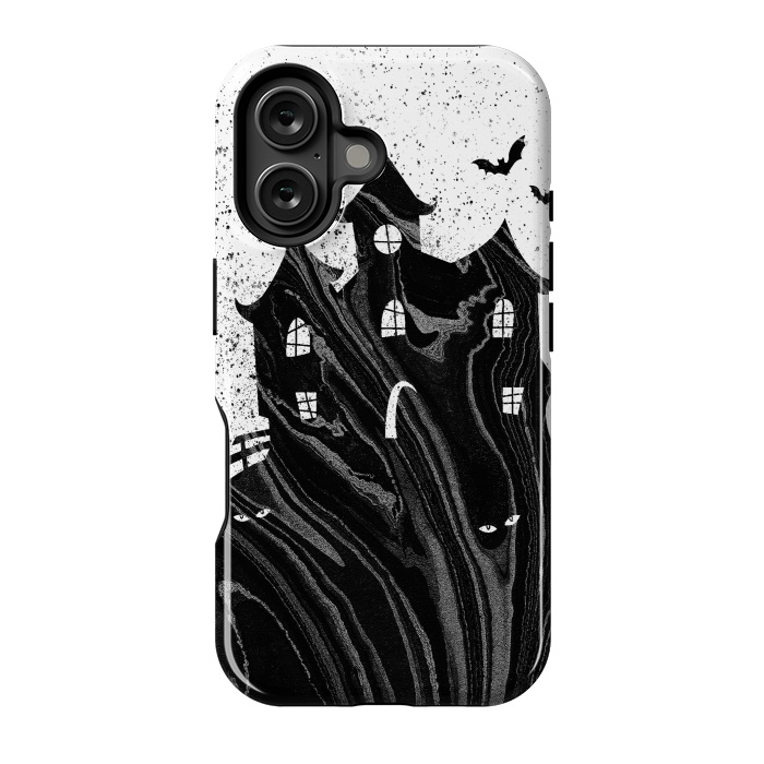 iPhone 16 StrongFit Halloween haunted house - black and white splatter and brushstrokes by Oana 