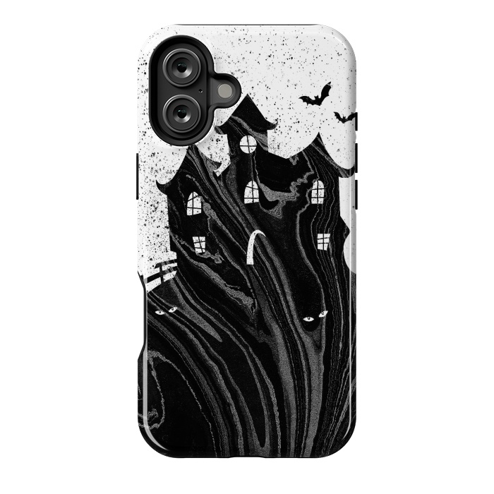 iPhone 16 Plus StrongFit Halloween haunted house - black and white splatter and brushstrokes by Oana 