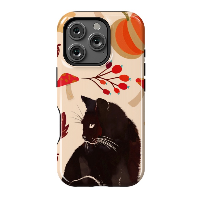 iPhone 16 Pro StrongFit Black cat and autumn woodland pattern - leaves, mushroom, pumpkin by Oana 