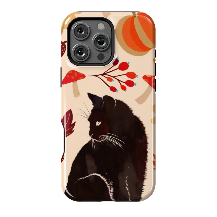 iPhone 16 Pro Max StrongFit Black cat and autumn woodland pattern - leaves, mushroom, pumpkin by Oana 