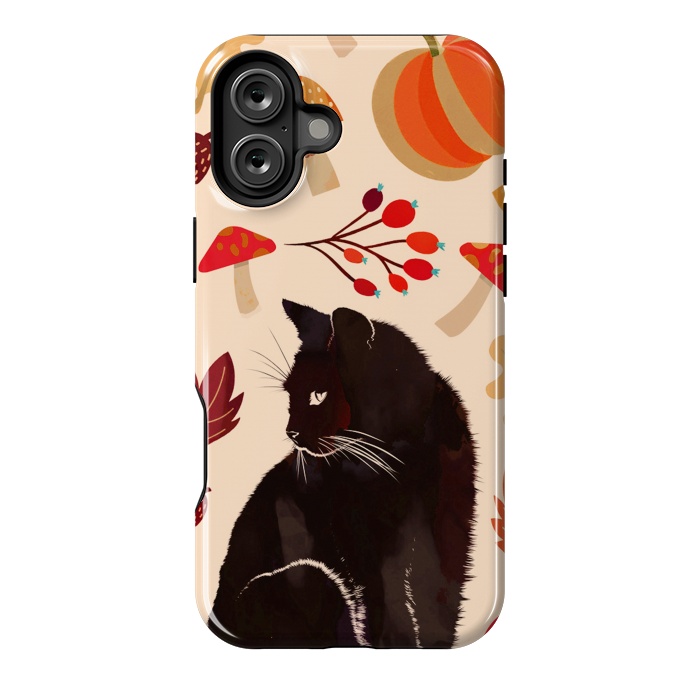 iPhone 16 Plus StrongFit Black cat and autumn woodland pattern - leaves, mushroom, pumpkin by Oana 